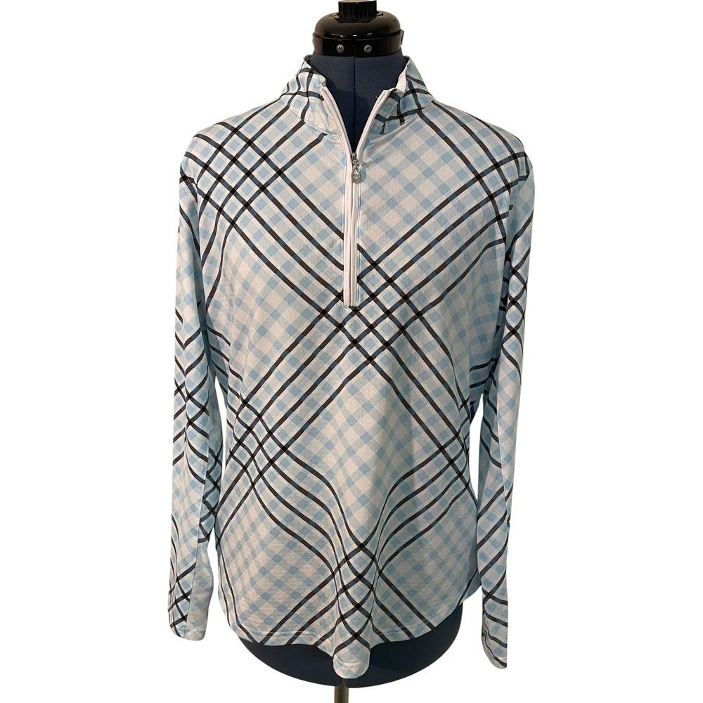 SanSoleil Womens Blue Plaid SolTek ICE 1/4 Zip Vented Sleeve Golf Top UPF 50+ L